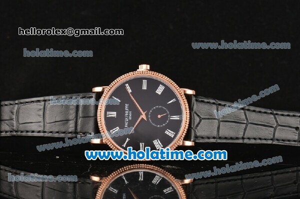 Patek Philippe Calatrava Miyota Quartz Rose Gold Case with Roman Numeral Markers and Black Dial - Click Image to Close